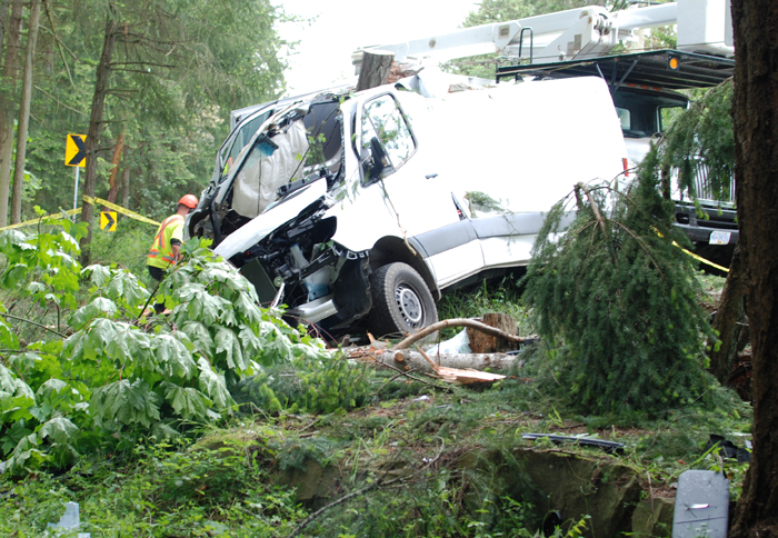 Crash into tree makes for challenging van removal